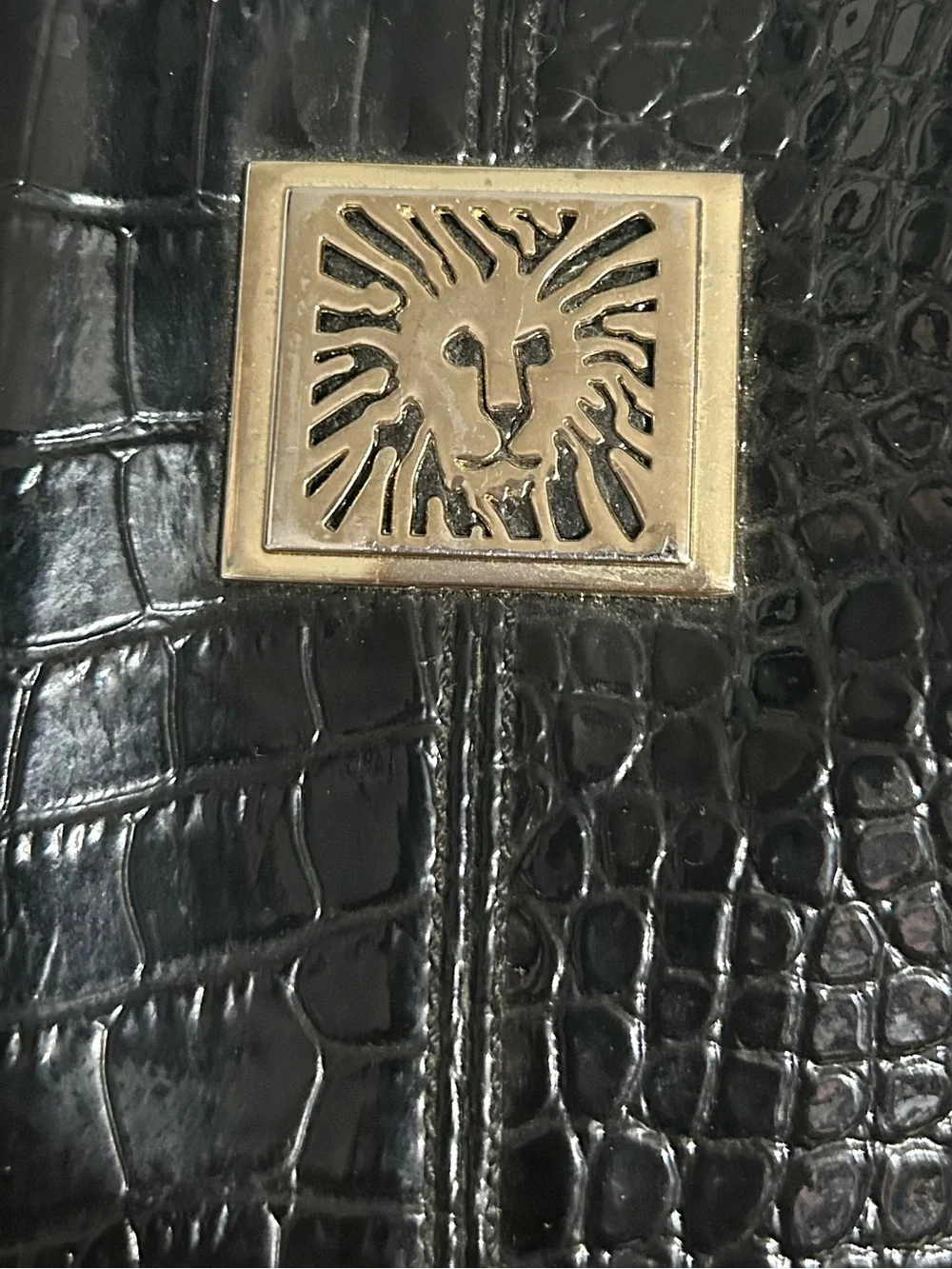 Anne Klein Black Crocodile Embossed Tote Bag Gold Lion Logo Structured Work Bag
